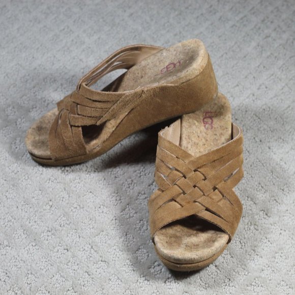 Ugg Size 9 Tan Suede & Cork Wedge Heel - Picture 1 of 6